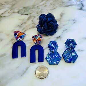 EUC HANDCRAFTED Lightweight Clay Blue/white hexagonal swirls! Small Sparkles!